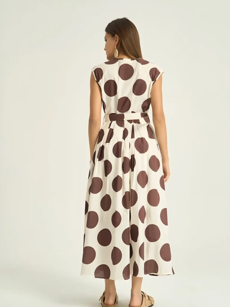 Back view of the cream and brown polka dot midi dress, showing the tie belt and pleated skirt